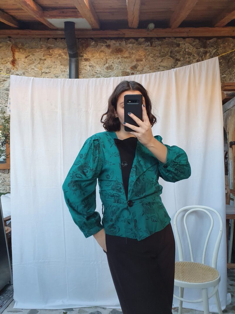 bottle green with black flowers blouse, vintage fashion