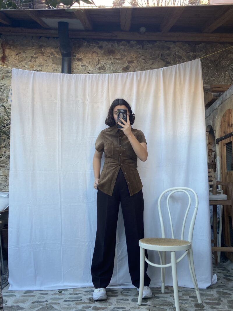 brown suede short sleeves shirt, vintage fashion