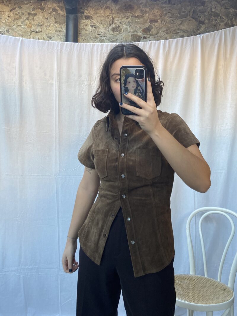 brown suede short sleeves shirt, vintage fashion