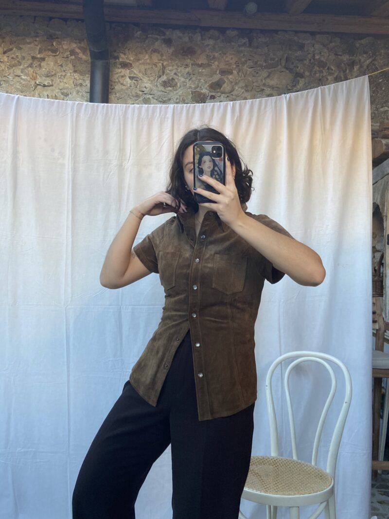 brown suede short sleeves shirt, vintage fashion