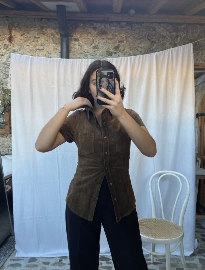 brown suede short sleeves shirt, vintage fashion