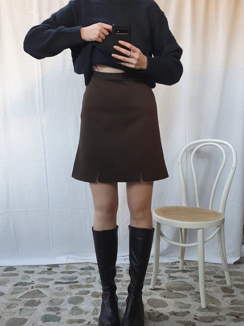 brown double front slits skirt, vintage fashion