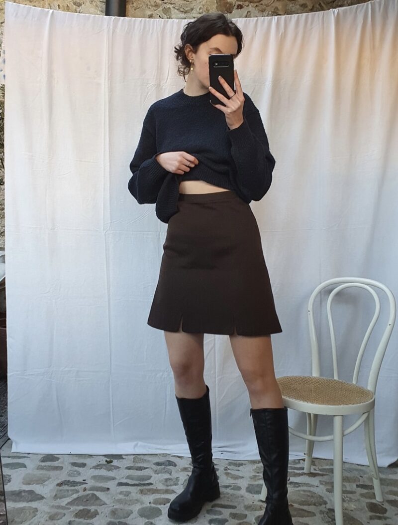 brown double front slits skirt, vintage fashion