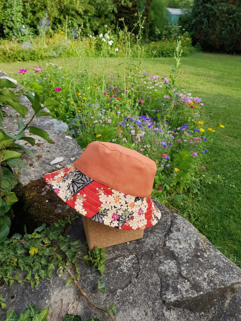 reversible bucket hat with japanese silk and linen, handmade fashion