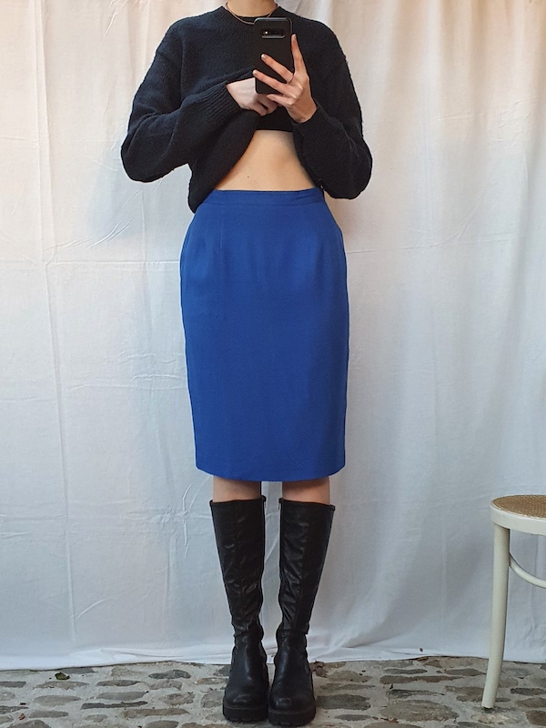 electric blue midi length skirt, vintage fashion