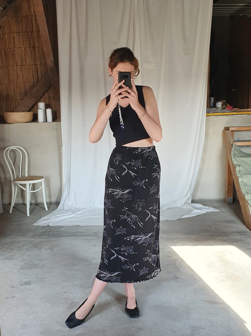 black midi skirt with white flowers, vintage fashion