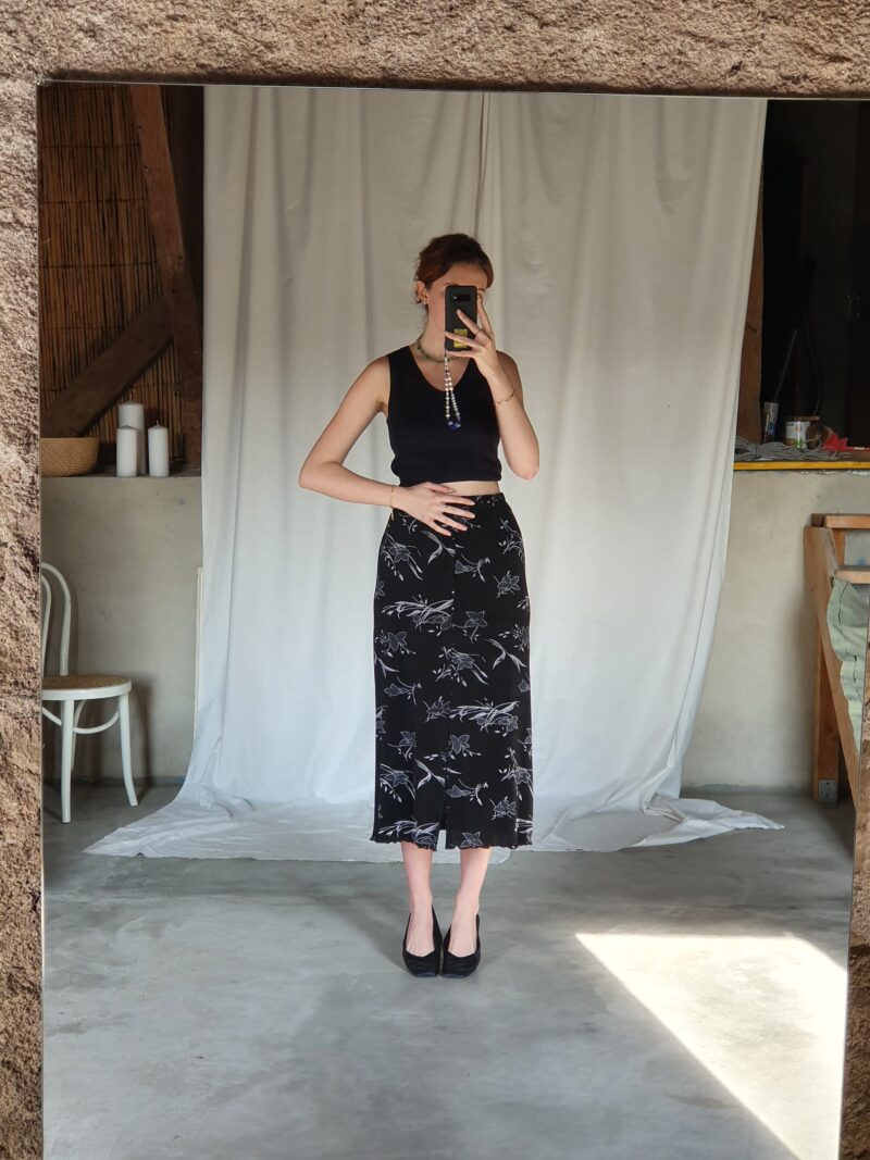 black midi skirt with white flowers, vintage fashion