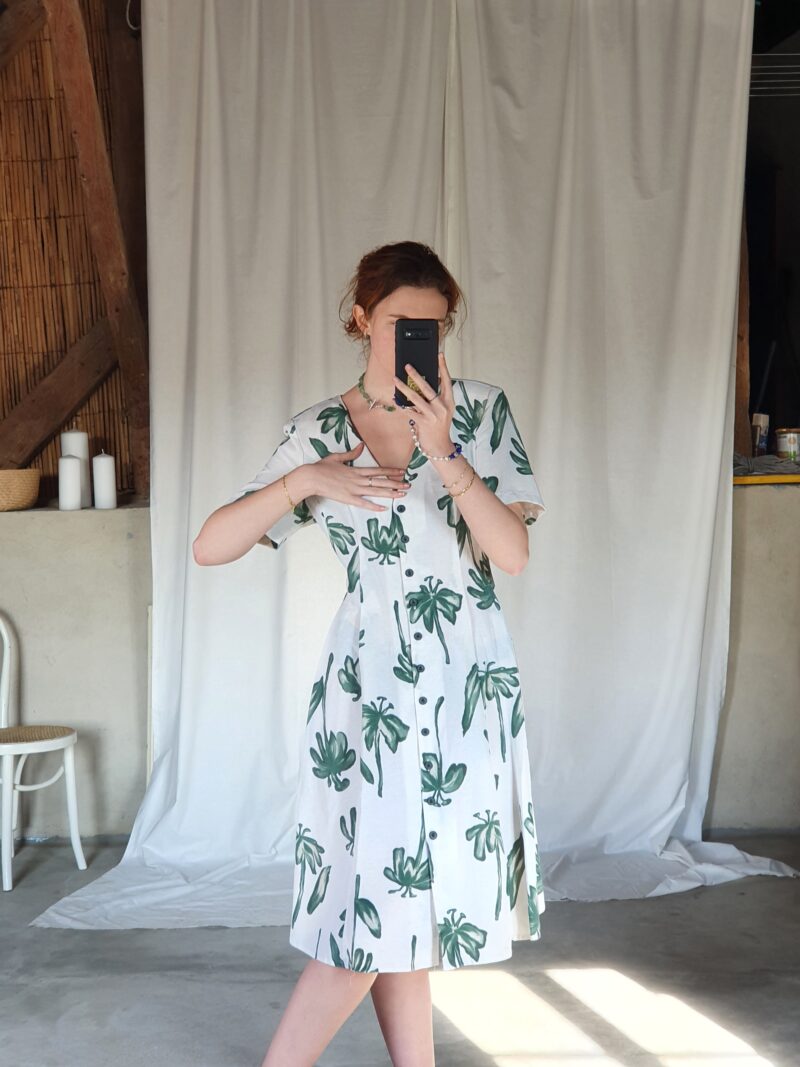 white midi dress with green flowers, vintage fashion