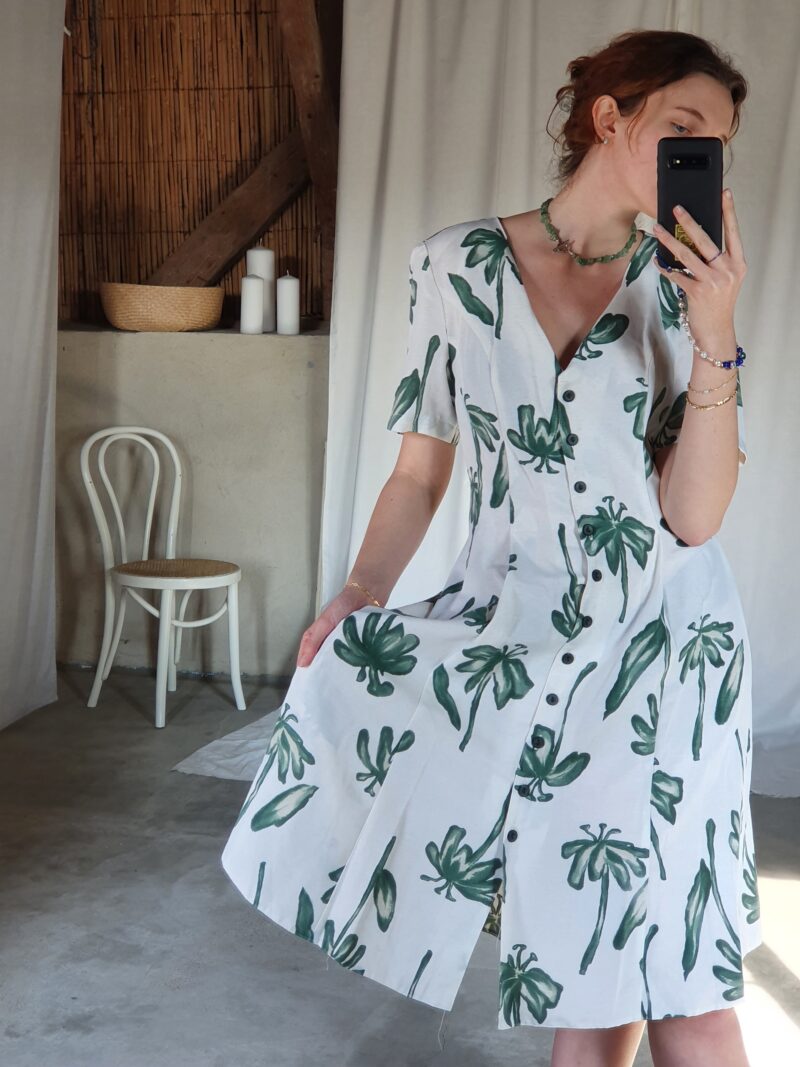 white midi dress with green flowers, vintage fashion