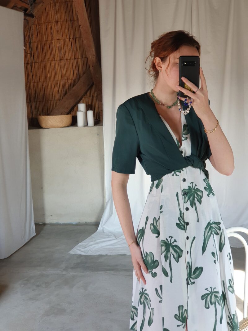 white midi dress with green flowers, vintage fashion