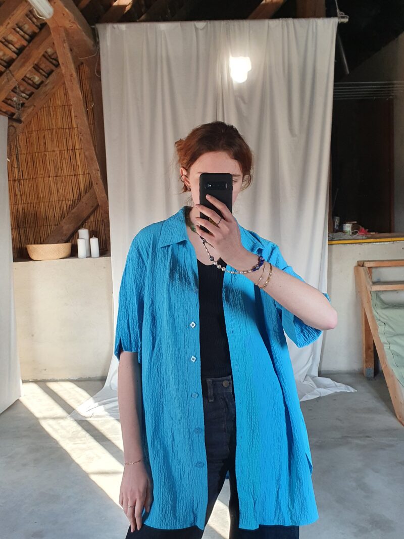 long wrinkled sky blue shirt, vintage fashion