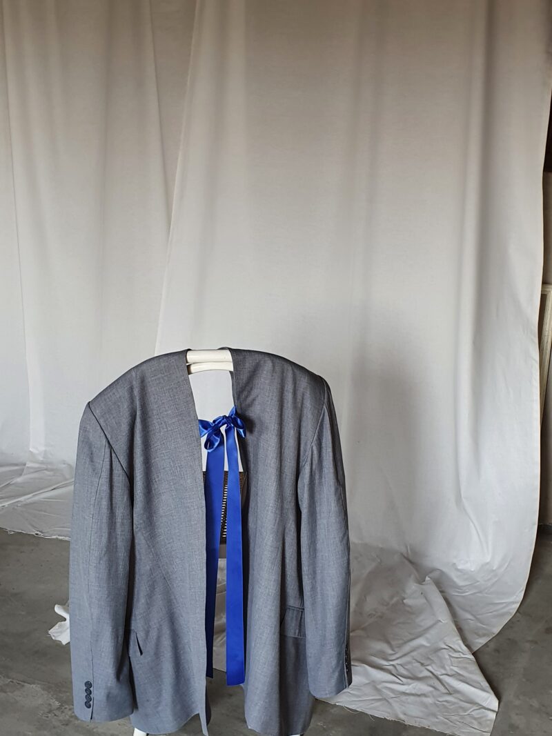 upcycled two piece light grey suit with royal blue ribbon, upcycled fashion