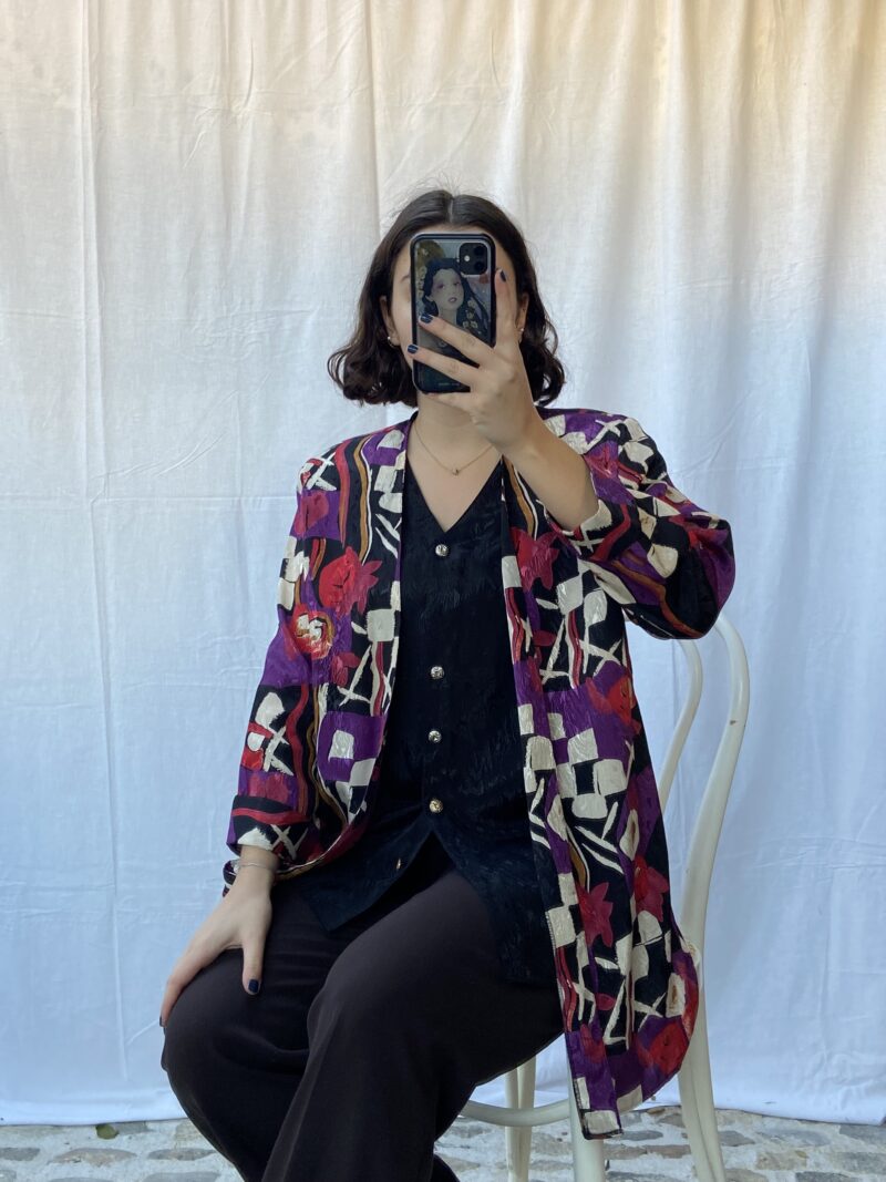 long bright purple floral blouse, vintage fashion