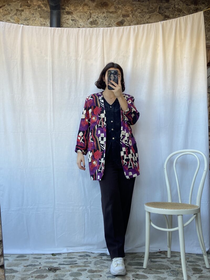 long bright purple floral blouse, vintage fashion