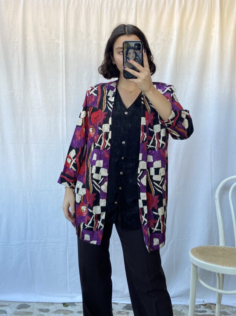 long bright purple floral blouse, vintage fashion