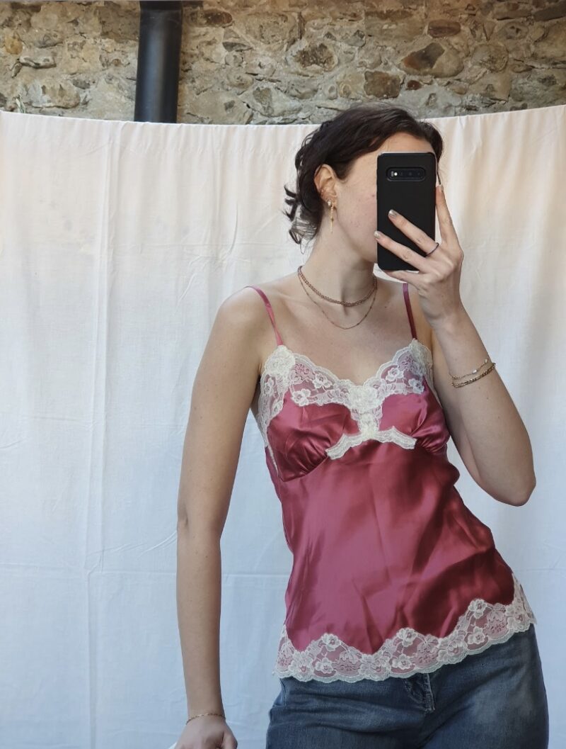 silky pint top with white lace, vintage fashion