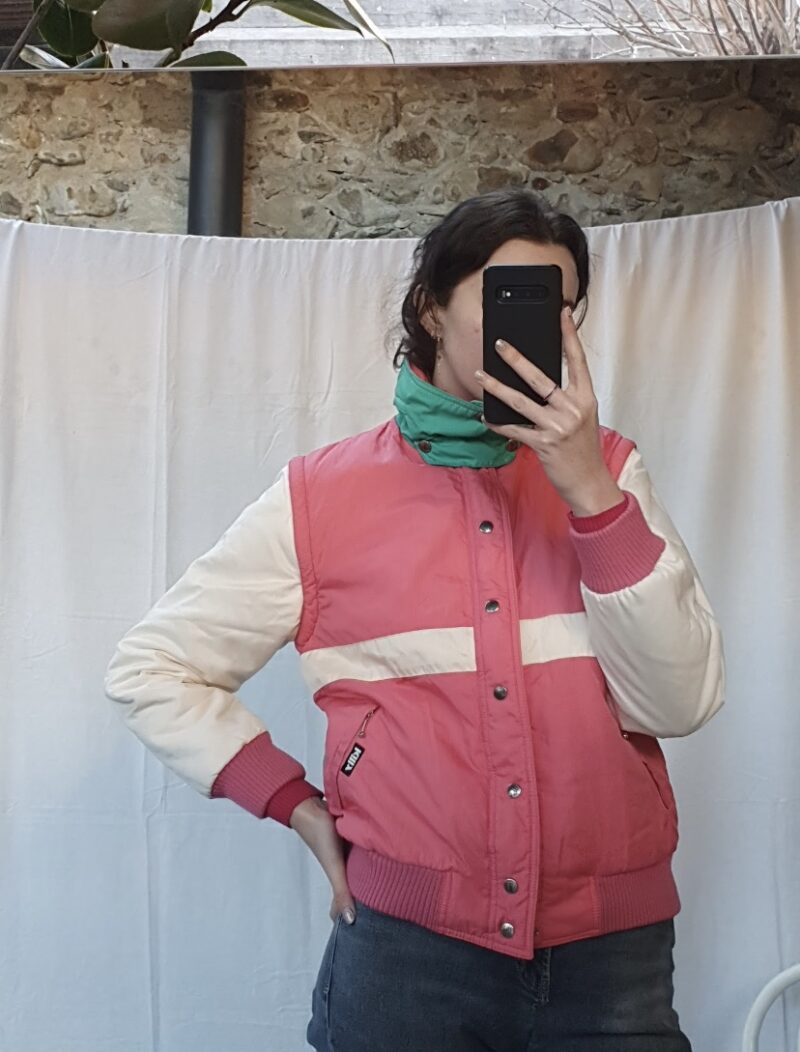 bright pink ski jacket, vintage fashion