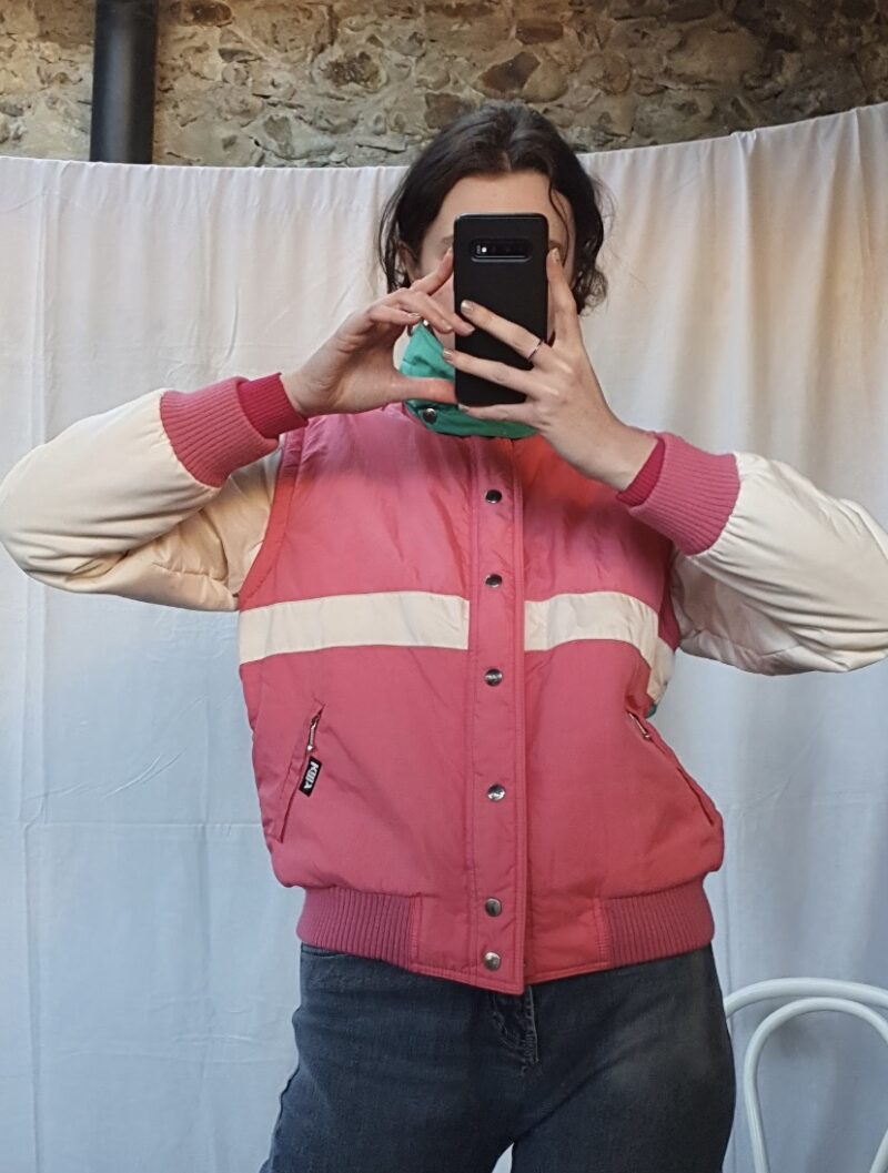 bright pink ski jacket, vintage fashion