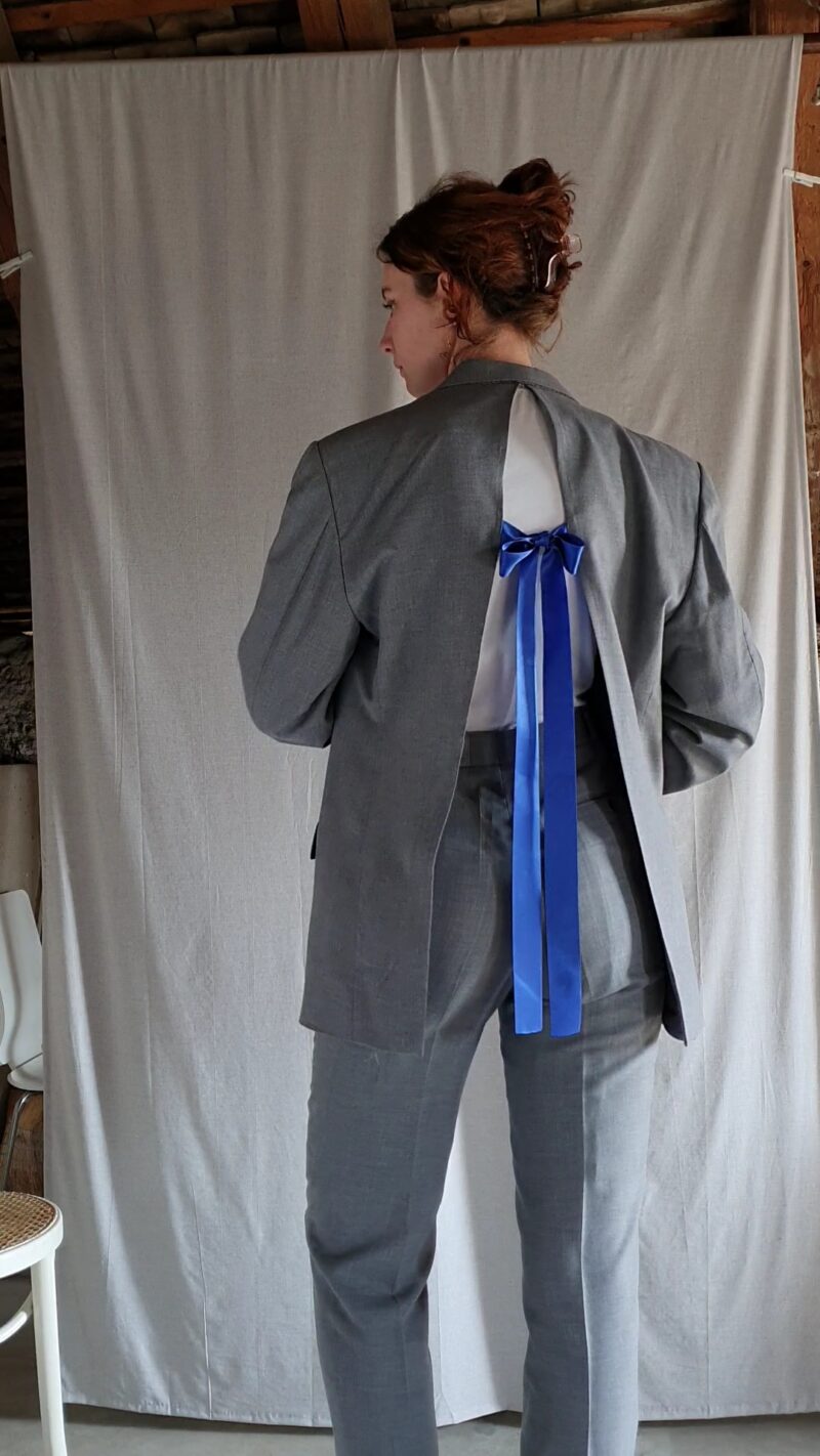 upcycled two piece light grey suit with royal blue ribbon, upcycled fashion