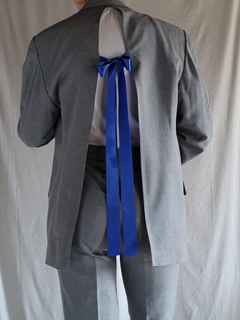 upcycled two piece light grey suit with royal blue ribbon, upcycled fashion