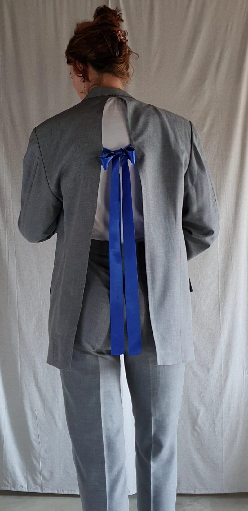 upcycled two piece light grey suit with royal blue ribbon, upcycled fashion