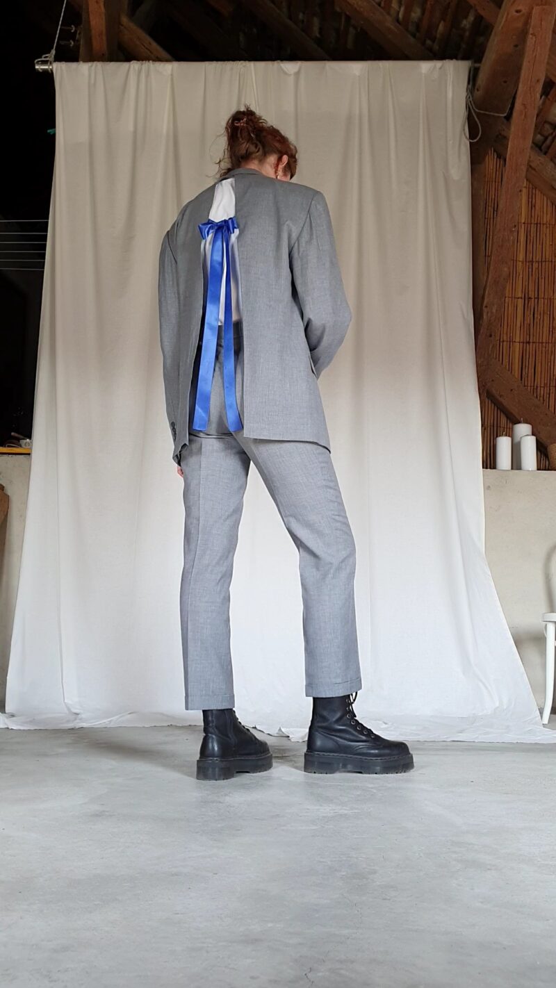 upcycled two piece light grey suit with royal blue ribbon, upcycled fashion