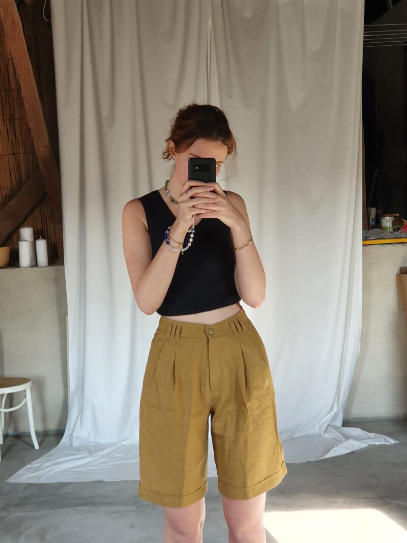 mustard yellow bermuda shorts, vintage fashion