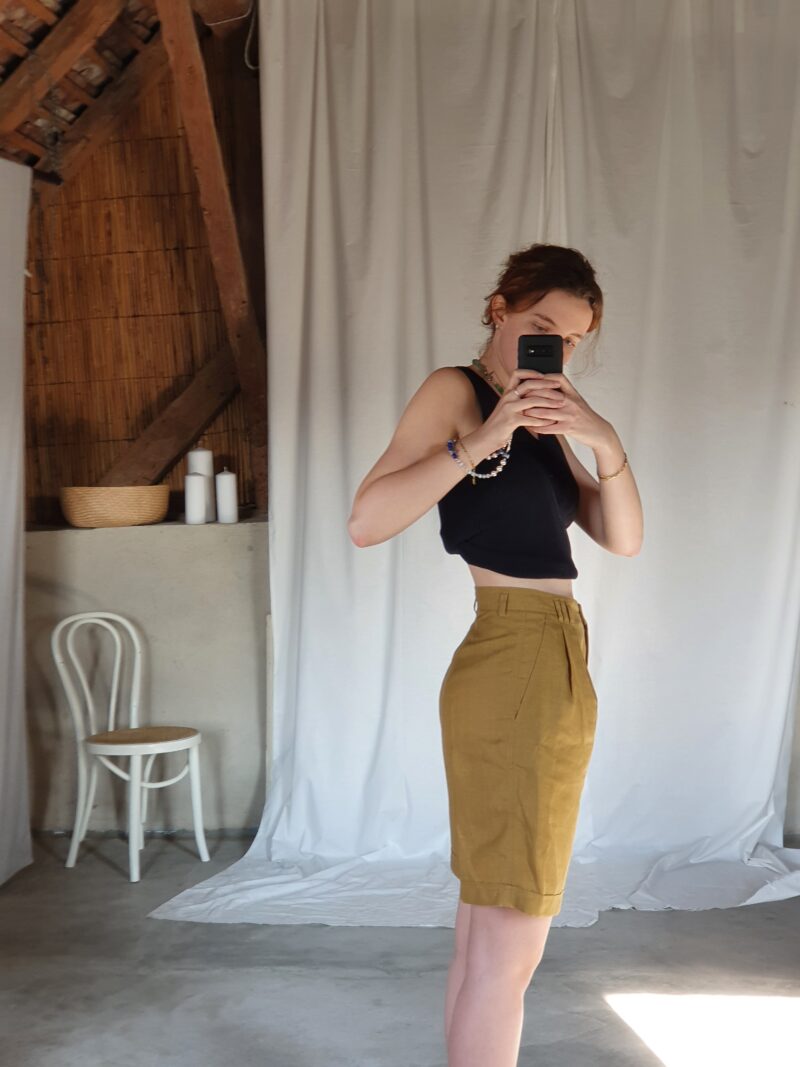 mustard yellow bermuda shorts, vintage fashion