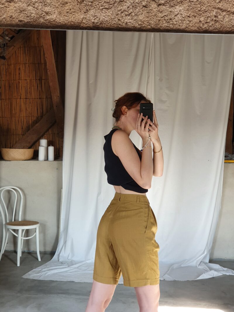 mustard yellow bermuda shorts, vintage fashion