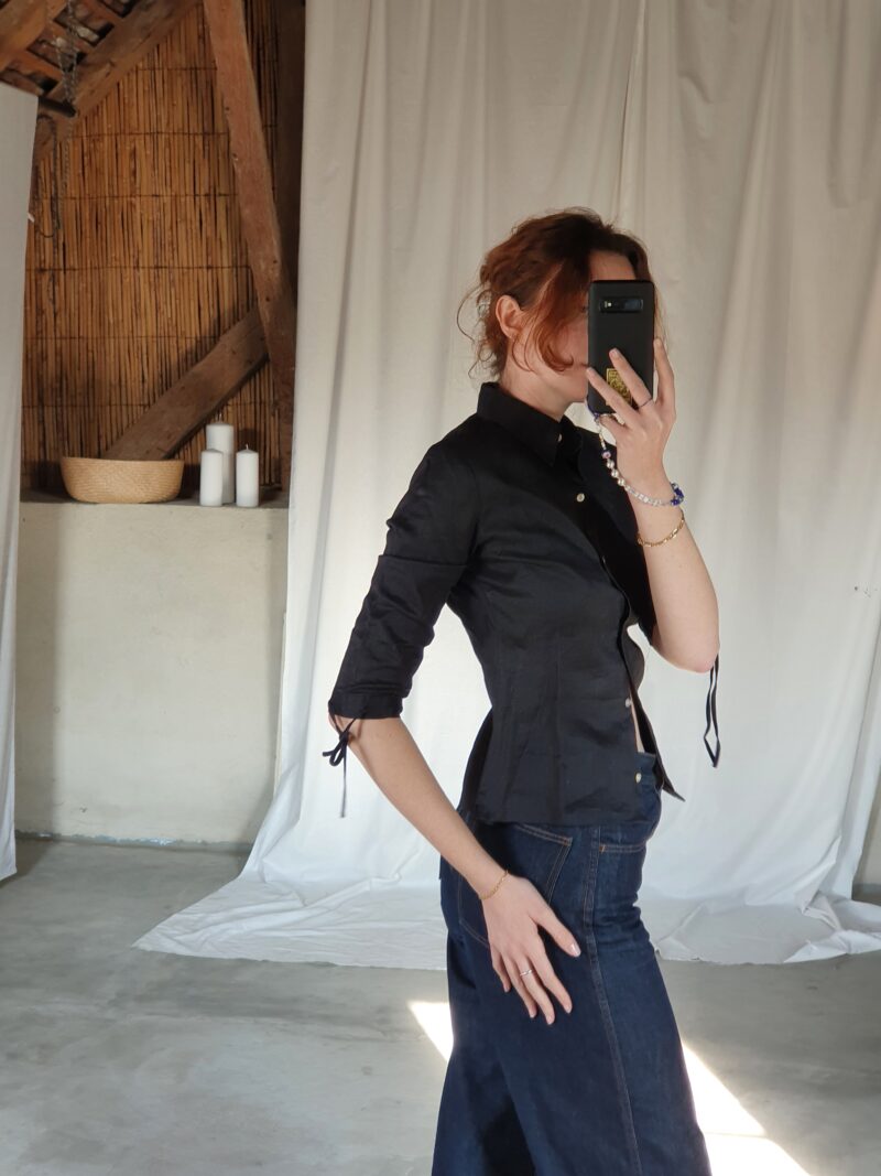 black linen shirt with stsrppy details, vintage fashion