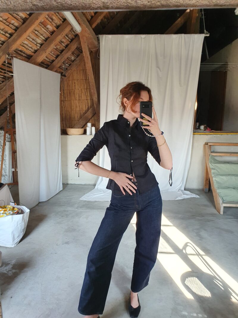 black linen shirt with stsrppy details, vintage fashion