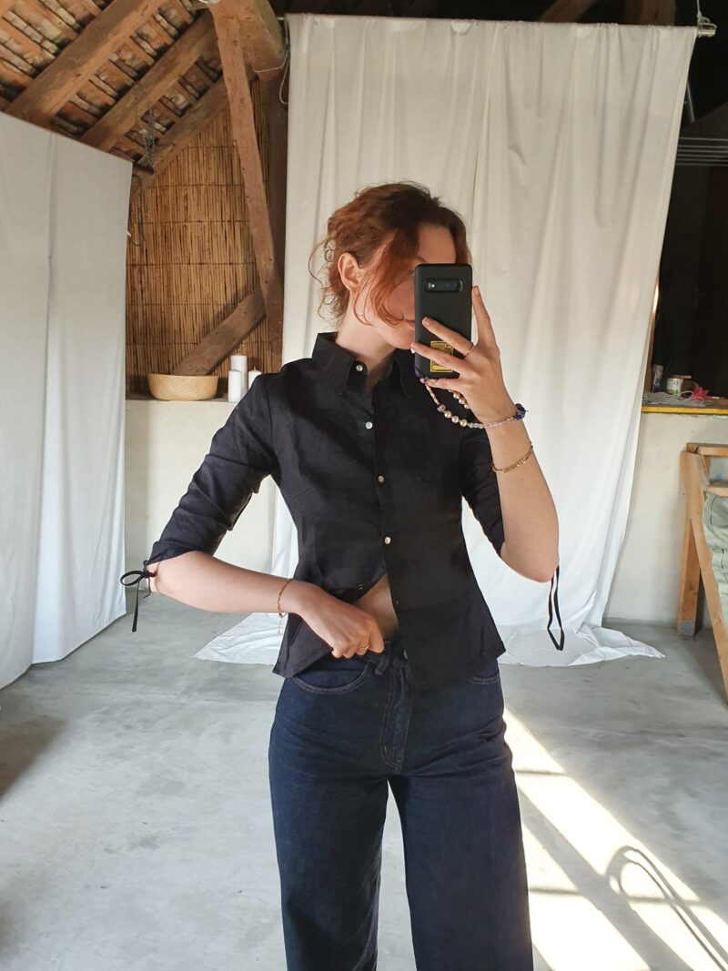 black linen shirt with stsrppy details, vintage fashion