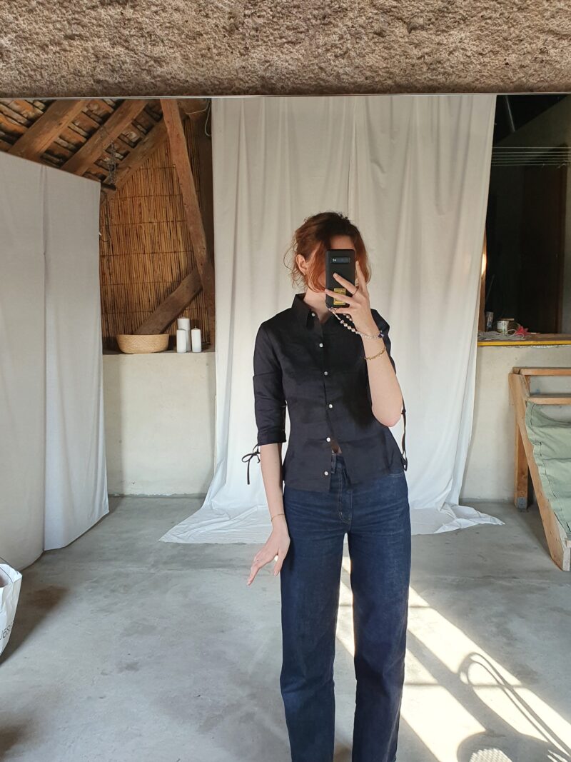 black linen shirt with stsrppy details, vintage fashion