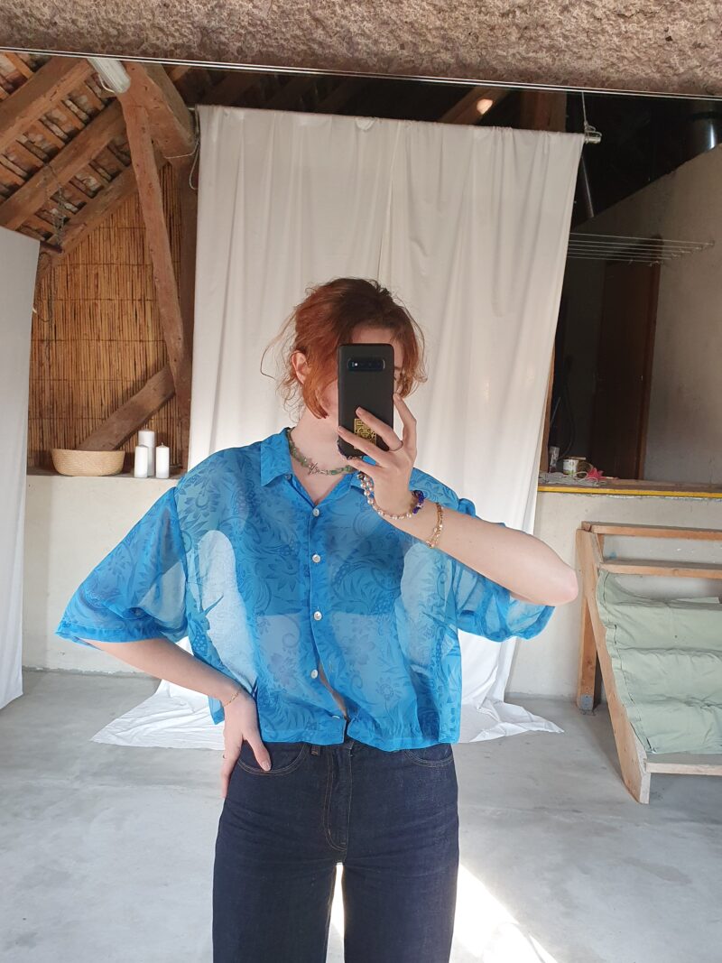 cropped see-through sky blue shirt, vintage fashion