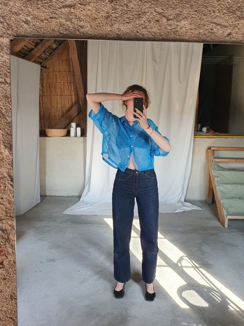 cropped see-through sky blue shirt, vintage fashion