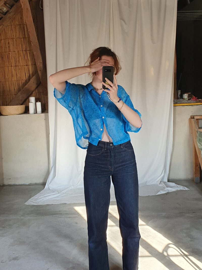 cropped see-through sky blue shirt, vintage fashion