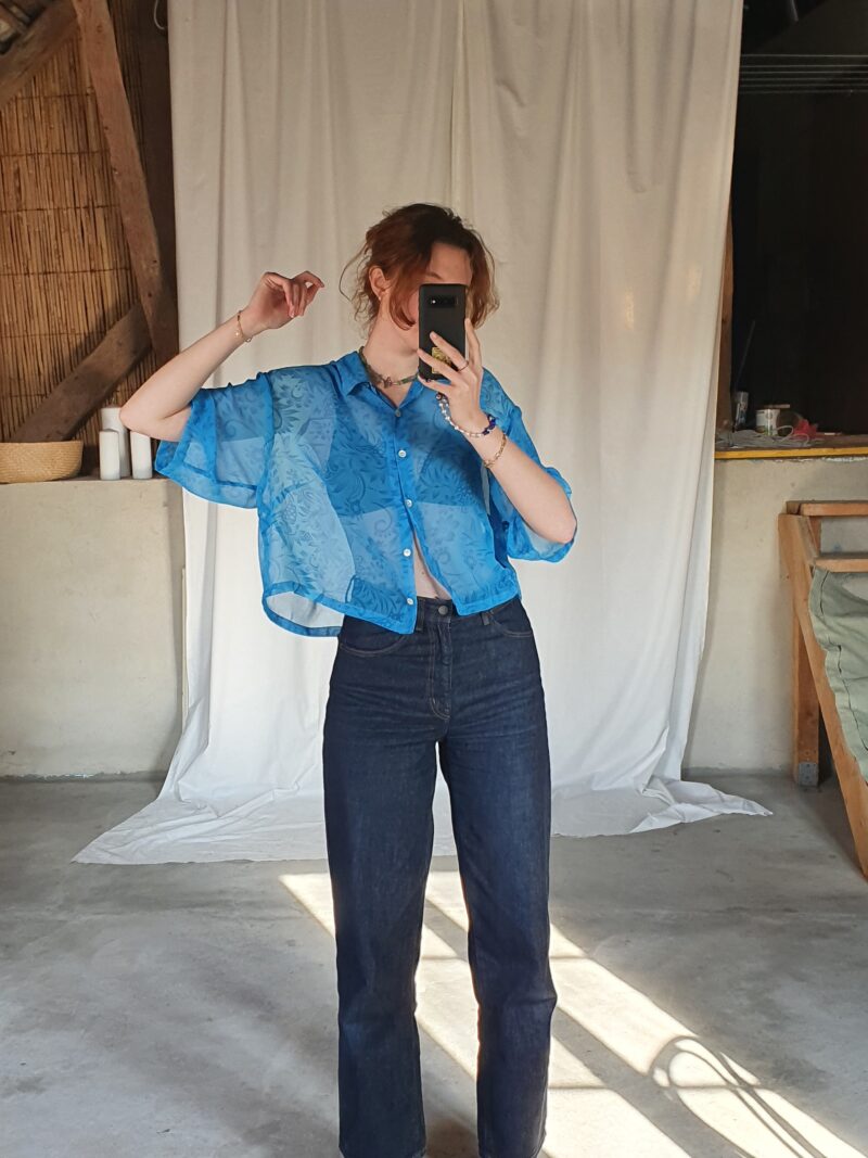 cropped see-through sky blue shirt, vintage fashion