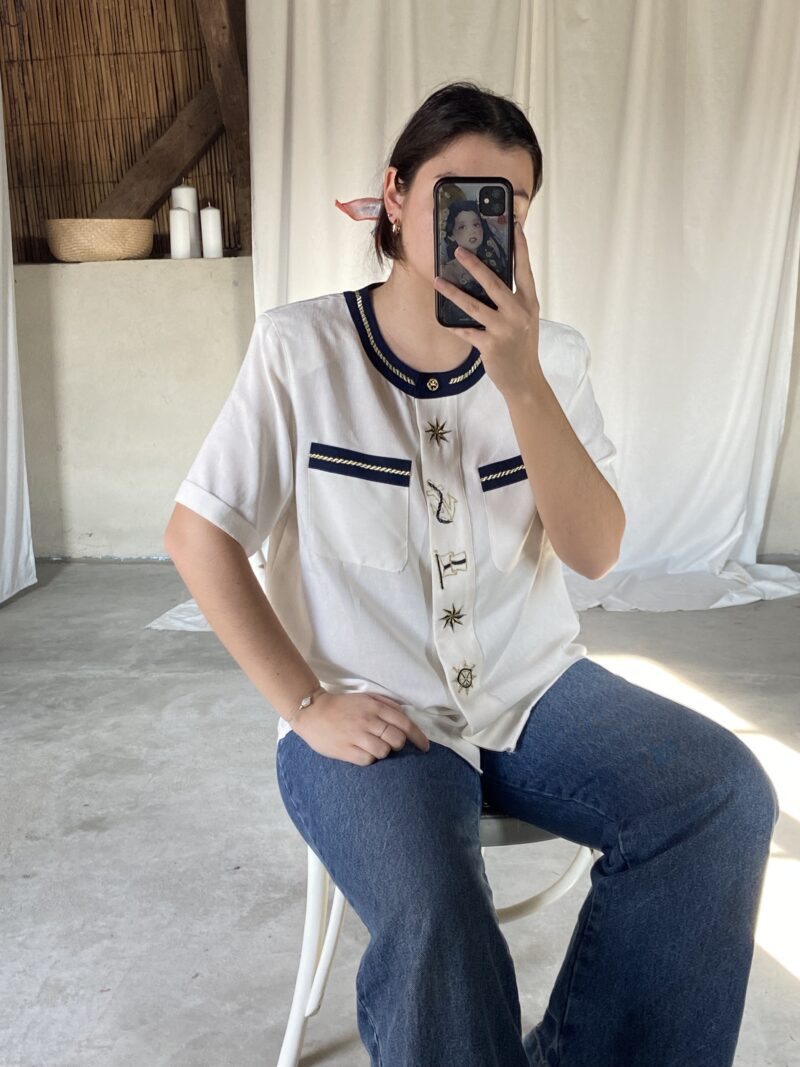 white and blue marine themed shirt , vintage fashion