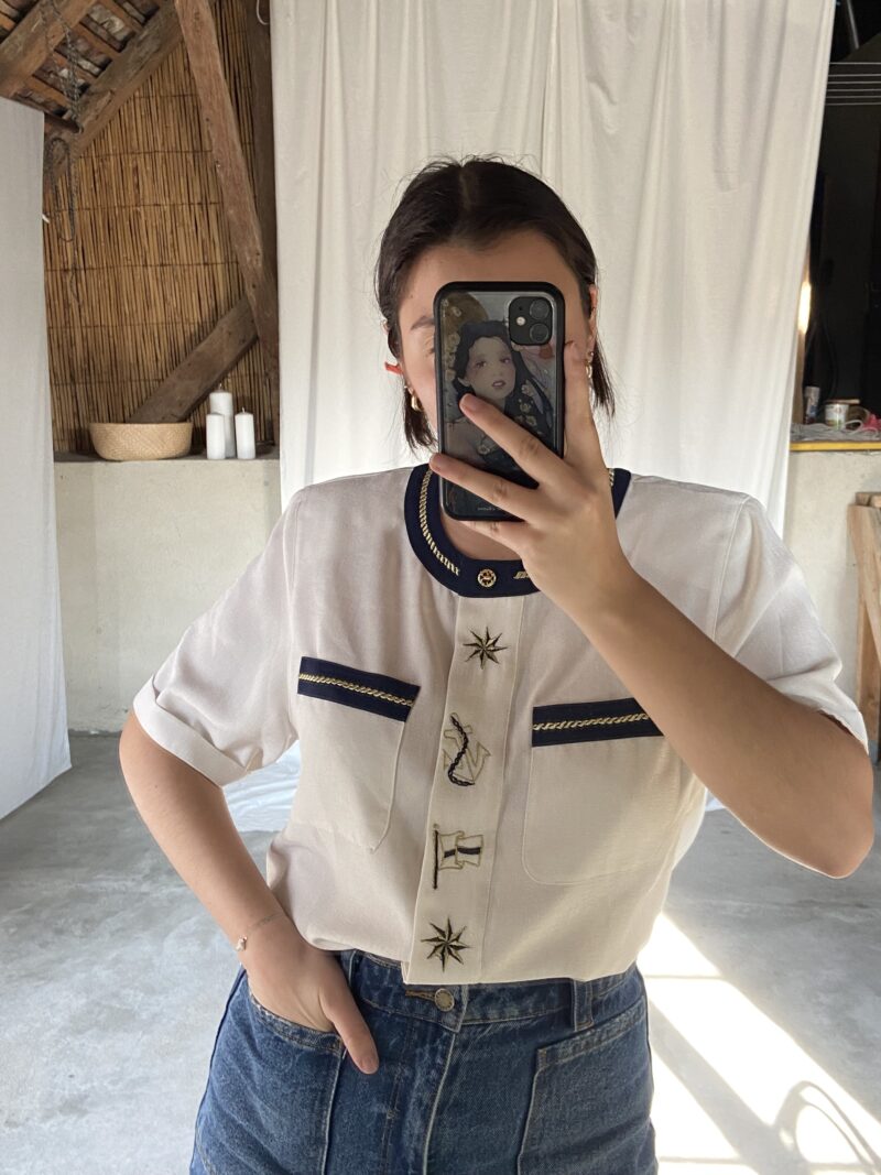 white and blue marine themed shirt , vintage fashion