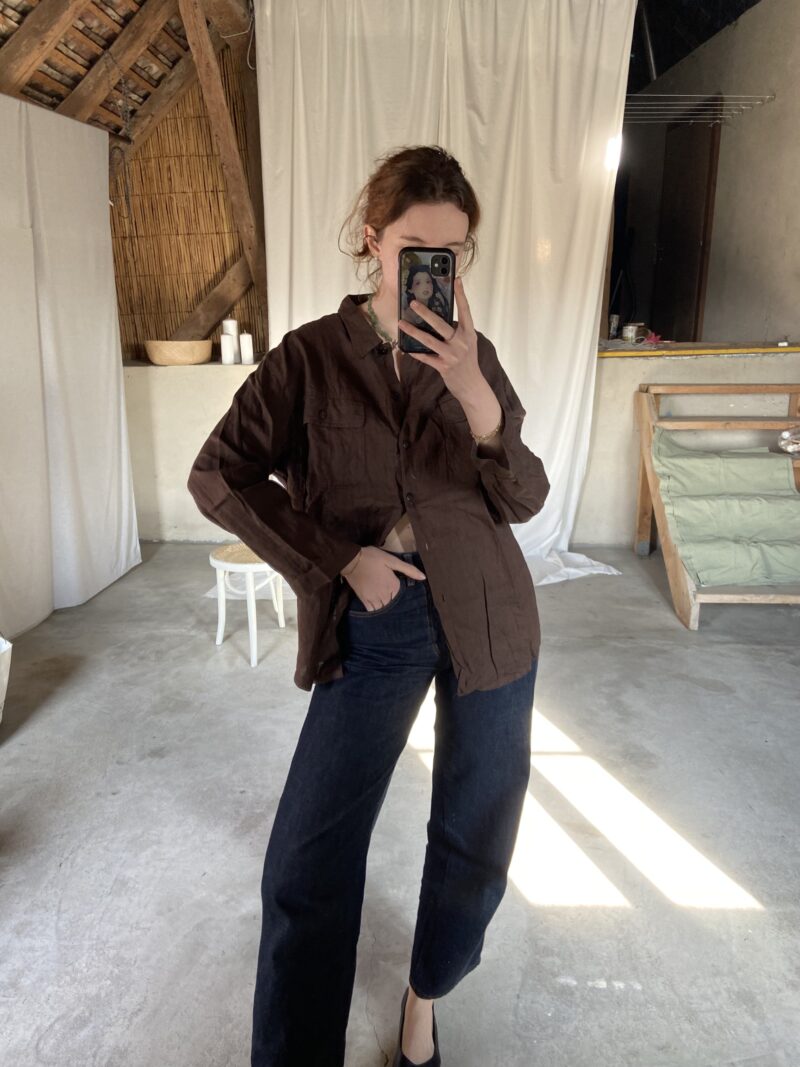 chocolate brown linen utility shirt, vintage fashion