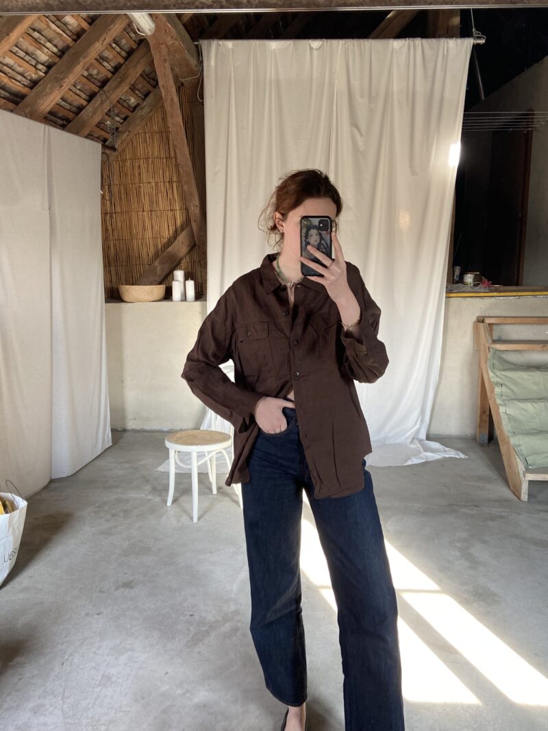 chocolate brown linen utility shirt, vintage fashion