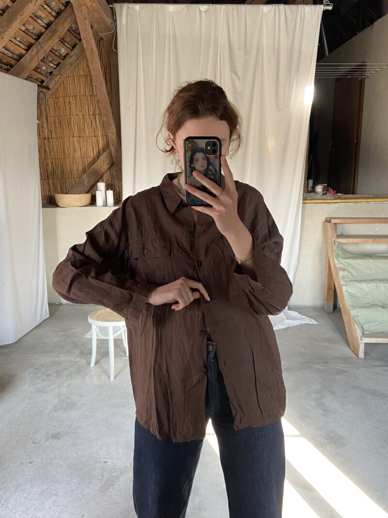 chocolate brown linen utility shirt, vintage fashion