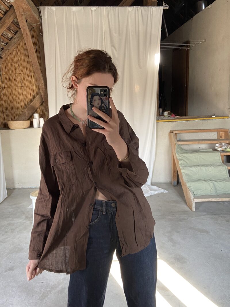 chocolate brown linen utility shirt, vintage fashion